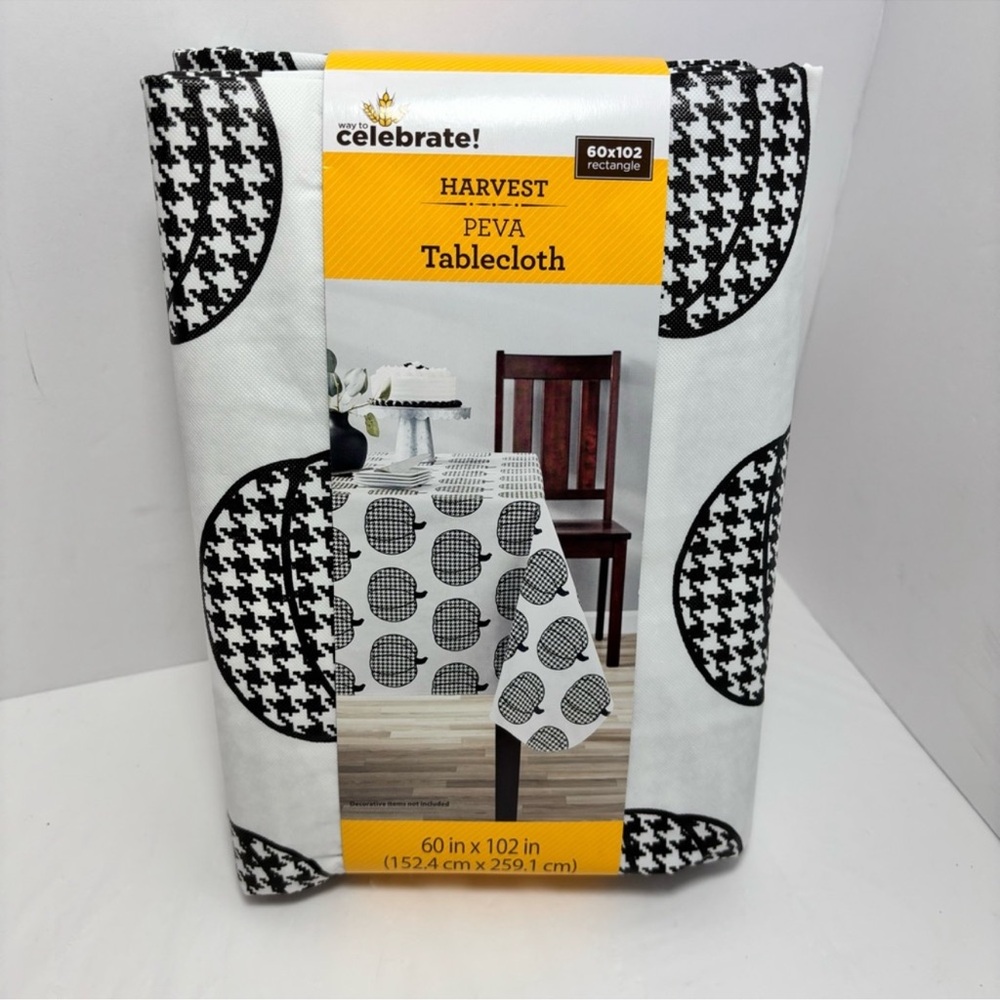 Harvest Peva Rectangle Tablecloth 60" x 102" Plaid Fall Black & White Pumpkins